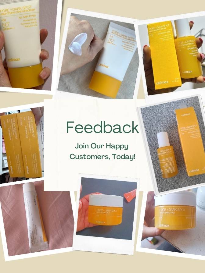 Collage of skincare products with a call to action for feedback.
