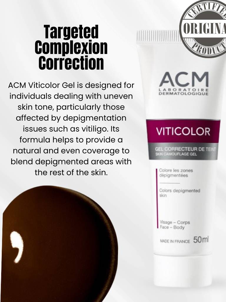 ACM Viticolor Gel packaging with text about targeted complexion correction for skin tone issues.
