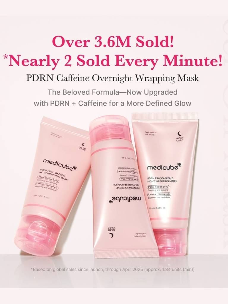 Three pink skincare products with text highlighting sales figures and product features.