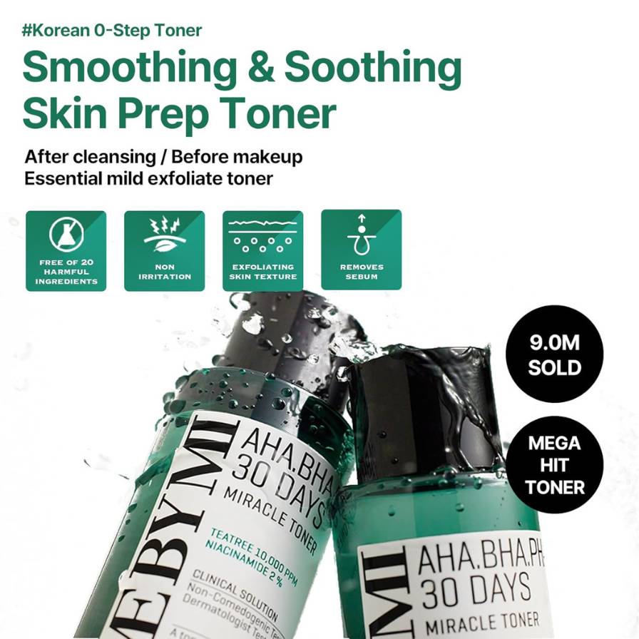 AHA.BHAPMI 30 Days Miracle Toner bottles with product details on a white background