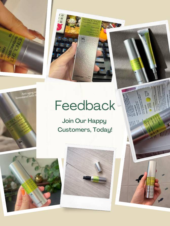 Collage of product images with a call to action for feedback on a beige background