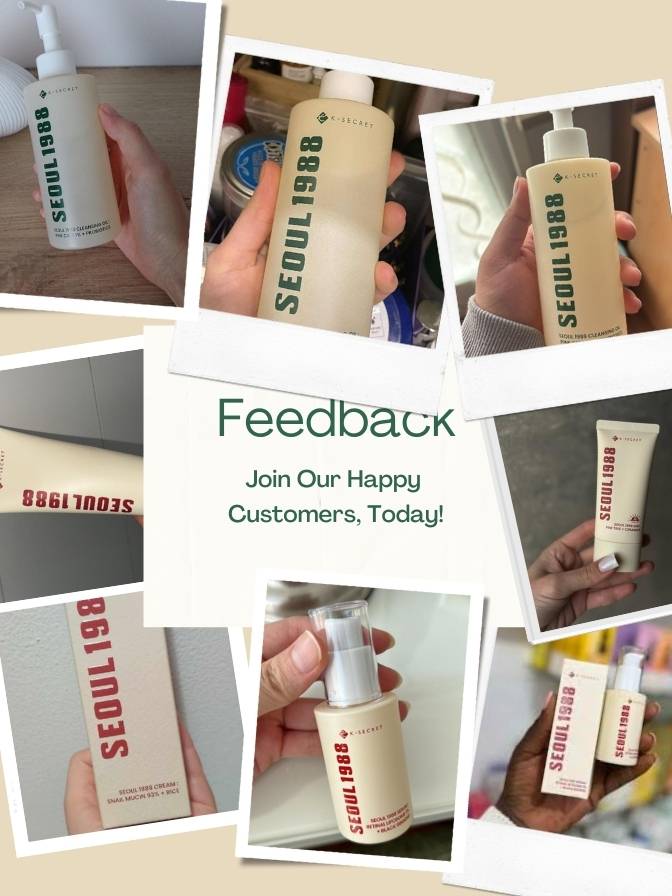 Collage of 'SEOUL1988' skincare products with promotional text for feedback.