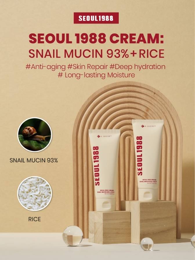 Seoul 1988 cream with snail mucin and rice on a beige background