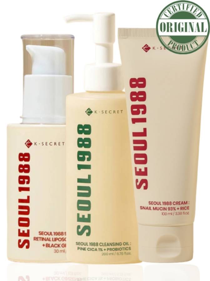 Three skincare products from K-Secret with 'Seoul 1988' branding on a white background.