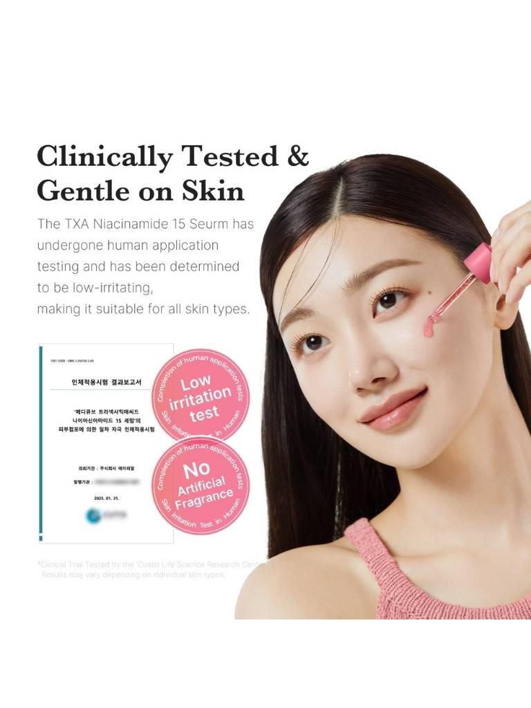 Woman applying serum to her face with text about clinical testing and skin safety.