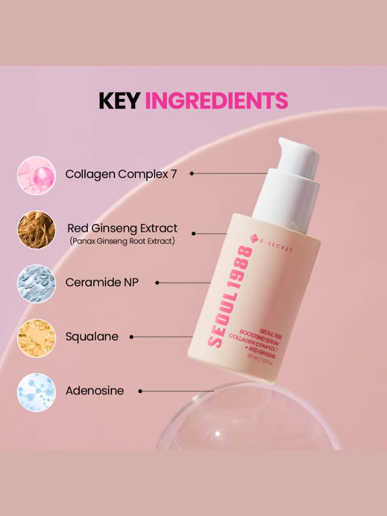 Skincare product with key ingredients listed on a pink background