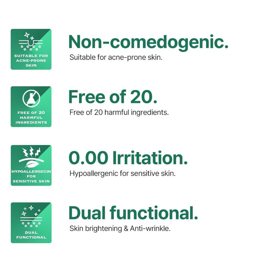 List of product features with green icons and text on a white background