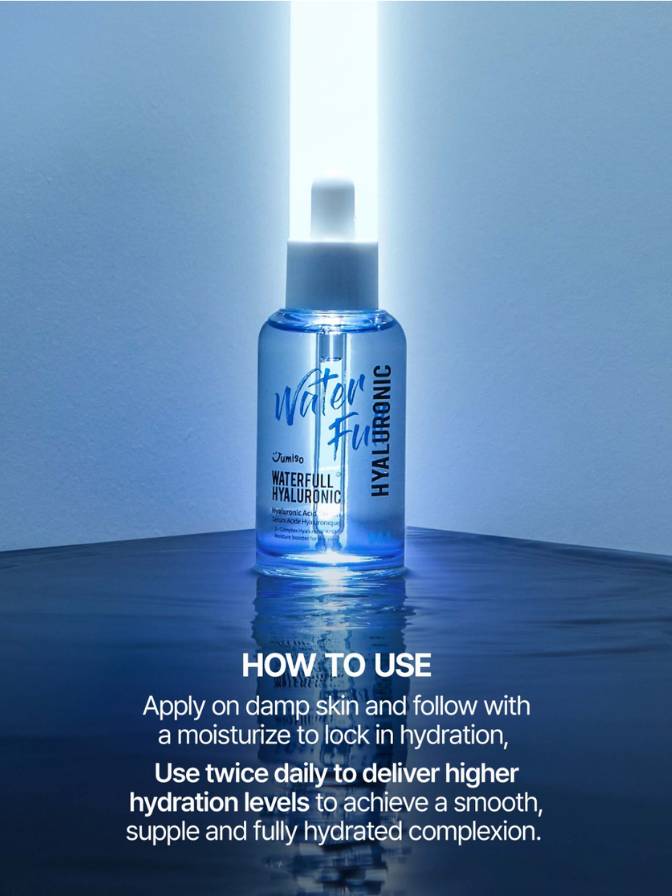 Blue bottle of skincare product on a reflective surface with text on how to use it.
