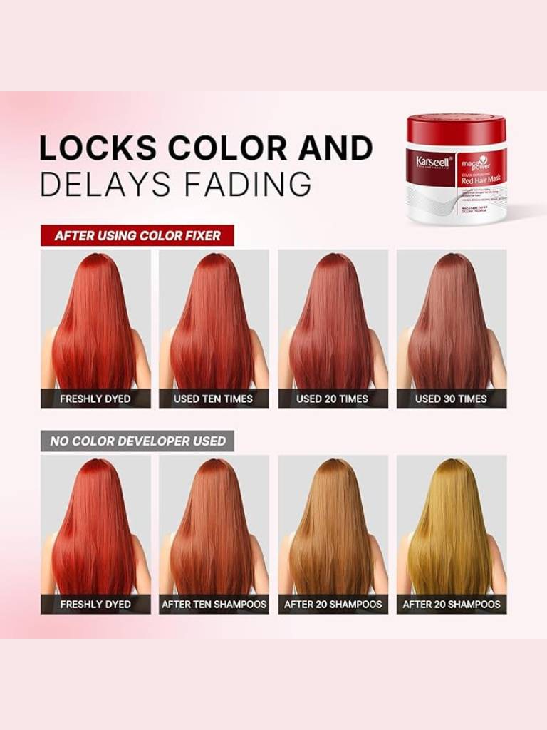 Product advertisement showing hair color changes over time with a jar of product on a pink background.