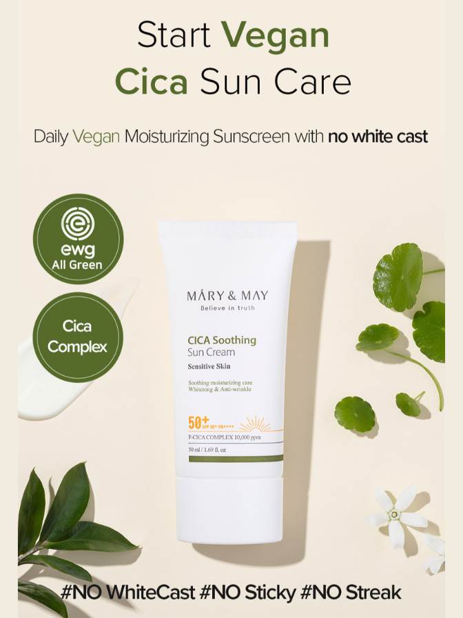 Mary & May Cica Soothing Sun Cream with green leaf and flower elements on a beige background