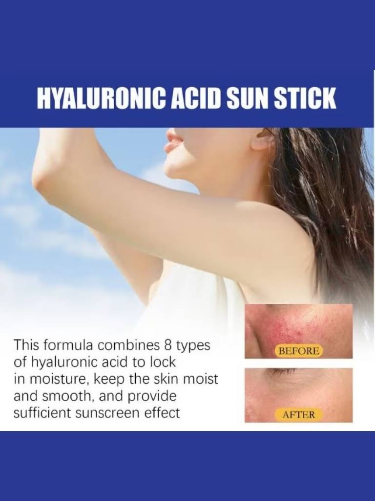 Advertisement for a hyaluronic acid sun stick with before and after effects on skin.