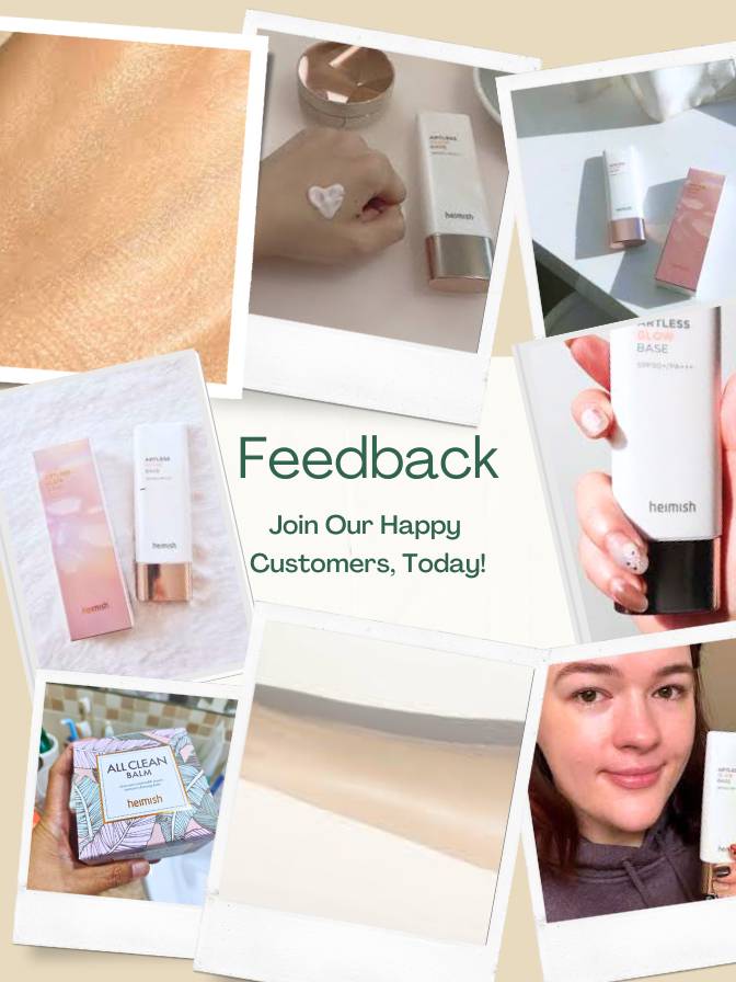Collage of skincare products with a call to action for feedback.