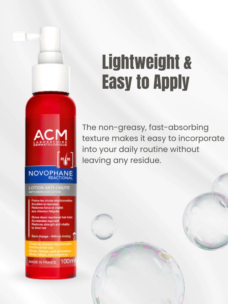 Red bottle of ACM Novophane lotion with text on a white background