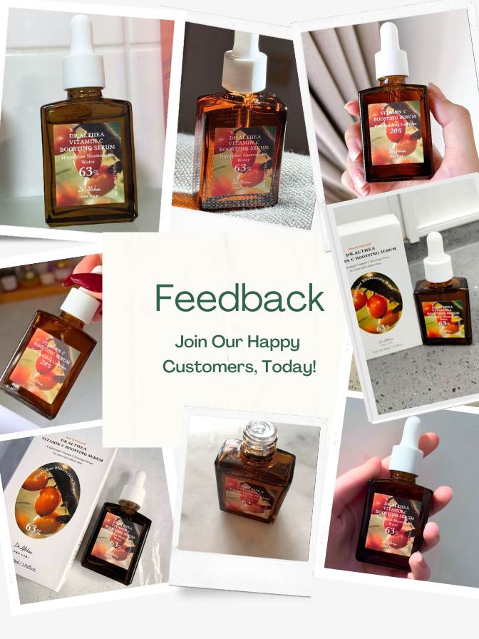 Collage of a product with text inviting feedback from happy customers.