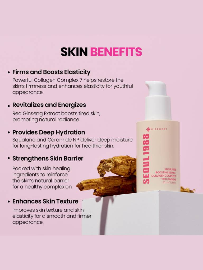 Skincare product with text detailing skin benefits on a pink background