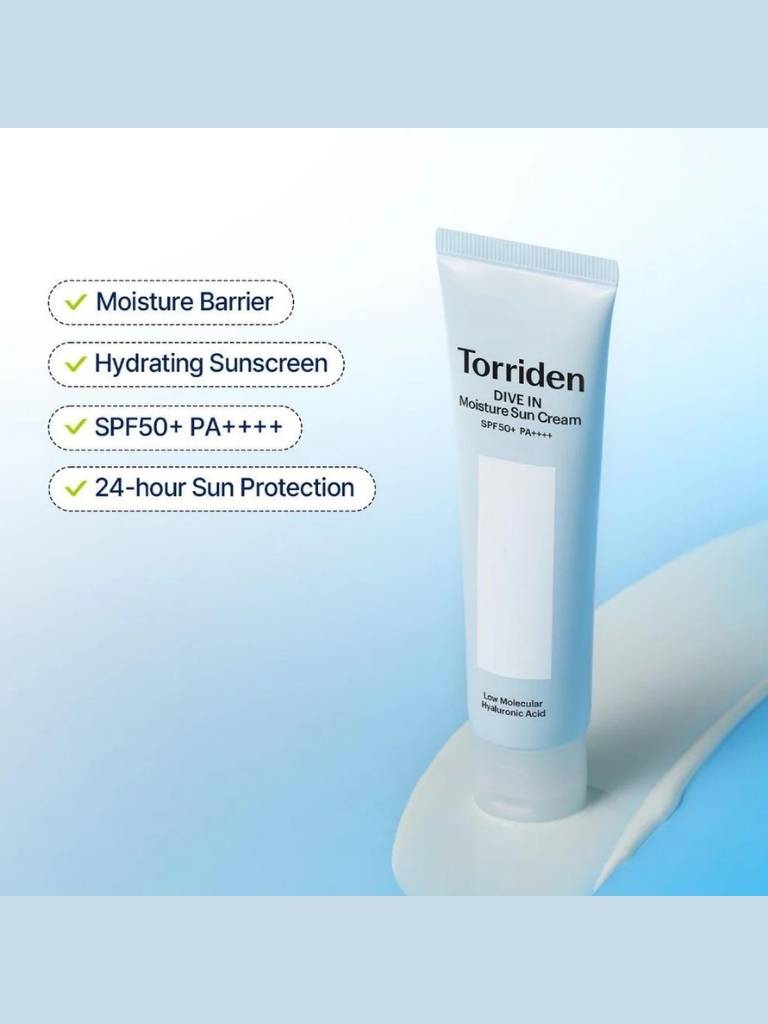 Torriden sunscreen cream tube with product features on a light blue background