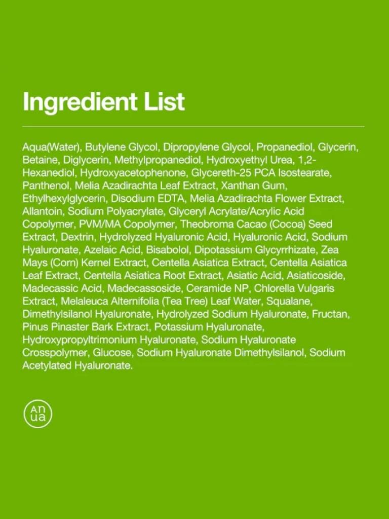 Ingredient list on a green Anua Soothing Pad background