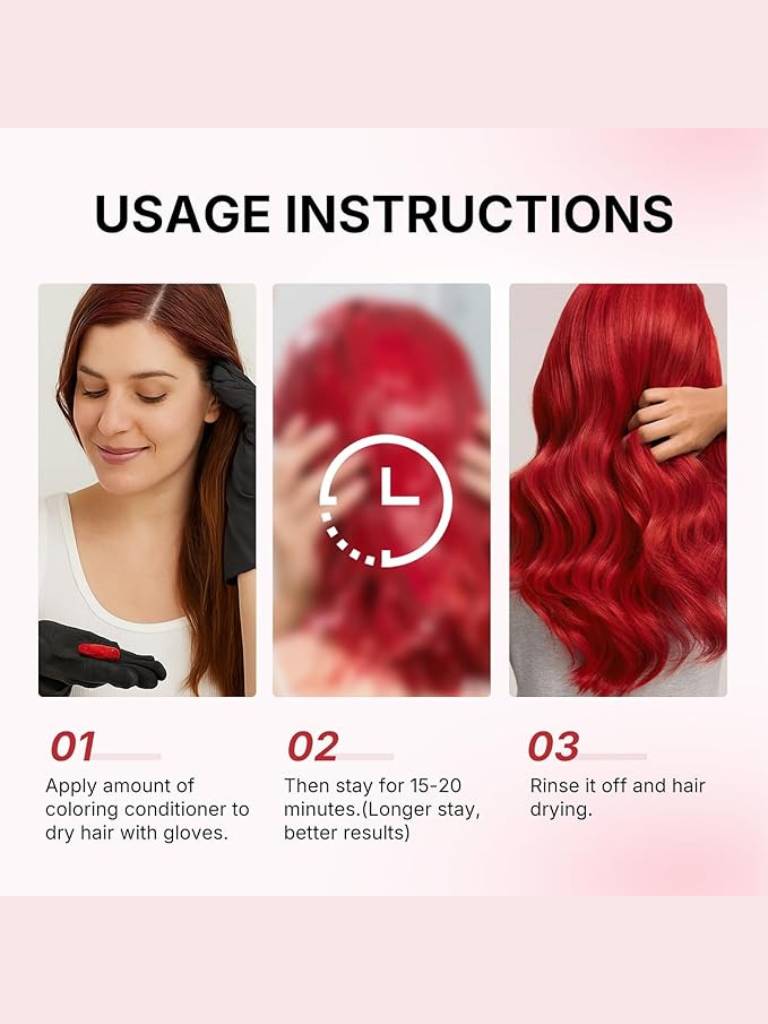 Usage instructions for hair coloring product with step-by-step guide and images of hair transformation.