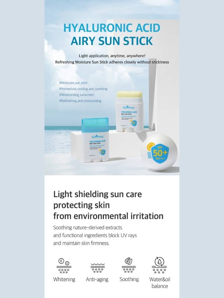 Hyaluronic Acid Airy Sun Stick packaging with product images and text on a light blue background