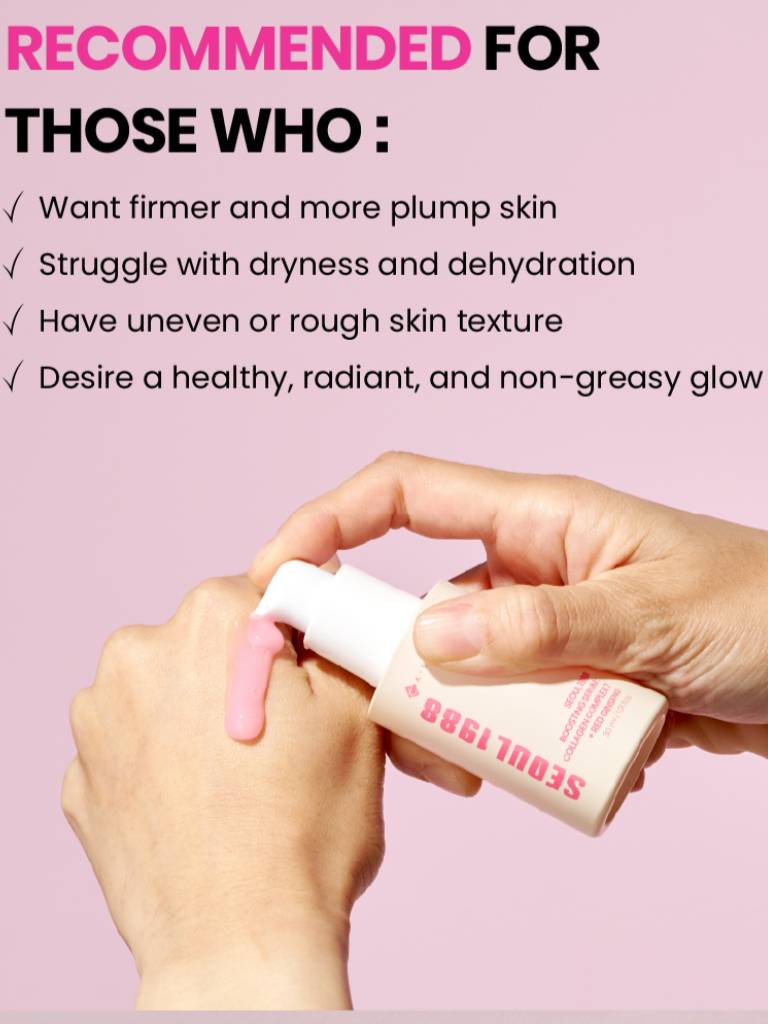 Hand holding a skincare product with text on a pink background