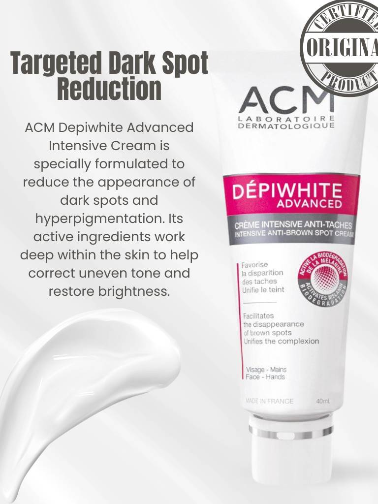 ACM Depiwhite Advanced Intensive Cream with text on targeted dark spot reduction.