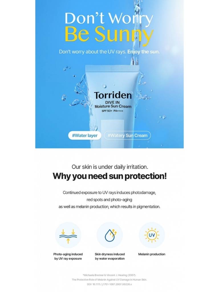 Advertisement for Torriden sun cream with a blue background and text about sun protection.