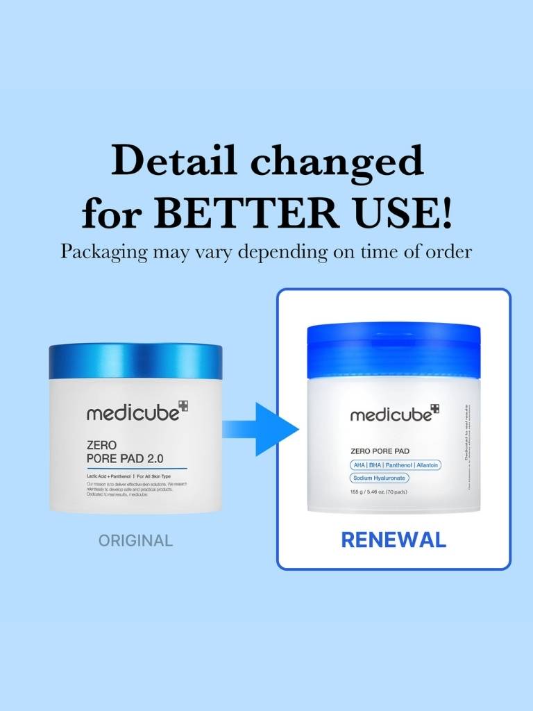 Comparison of Medicube Zero Pore Pad 2.0 packaging with text indicating a change for better use.