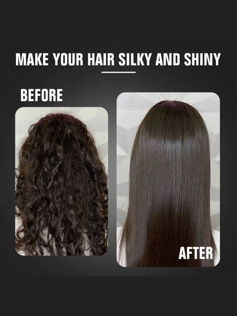 Before and after comparison of hair treatment showing curly hair on the left and straight, shiny hair on the right.