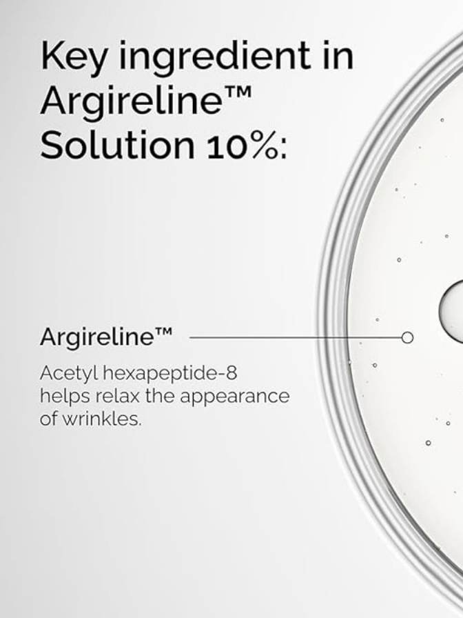 Advertisement for Argireline Solution 10% with text and product image on a white background