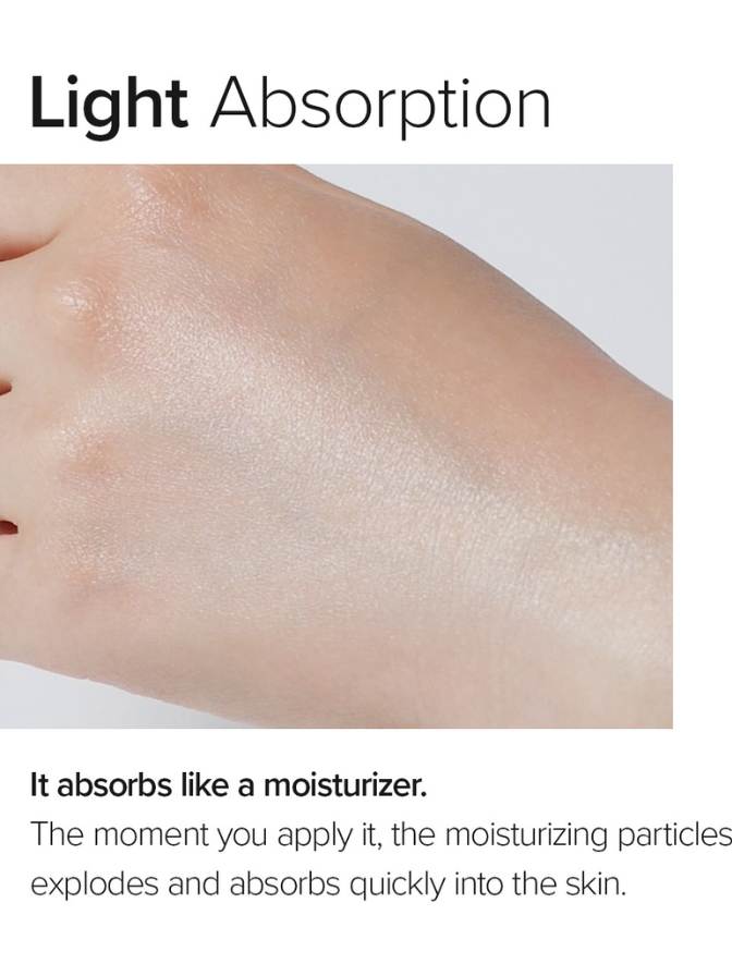 Product application on skin with text about light absorption and moisturizing effect