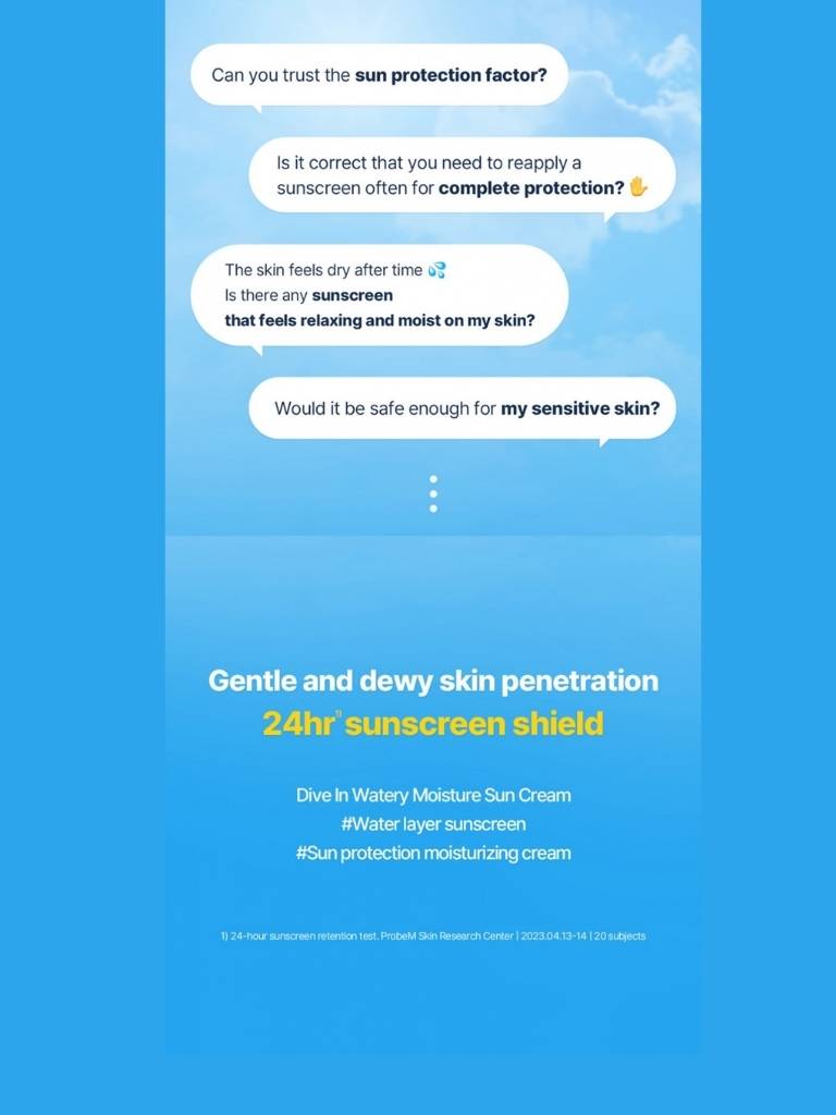Promotional graphic for a sunscreen product with text and a blue background