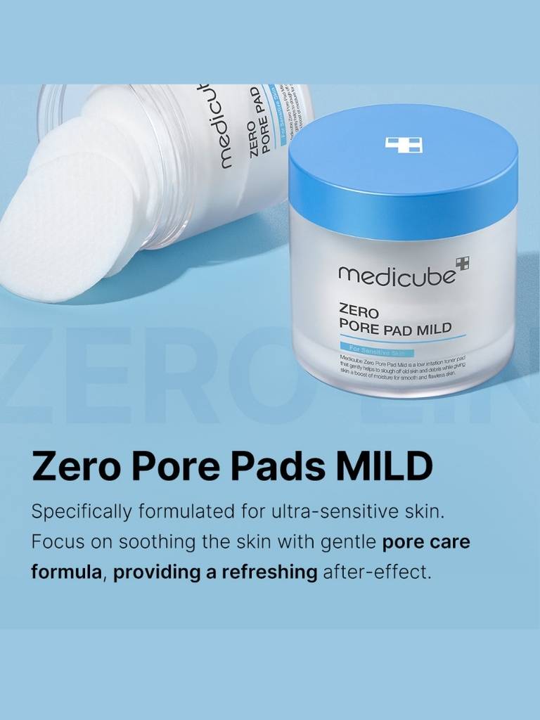 Medicube Zero Pore Pad Mild product on a blue background with text about its use.
