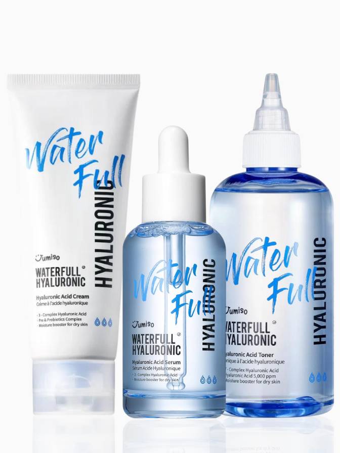 Set of 'Waterfull Hyaluronic' skincare products including cream, serum, and toner on a white background.