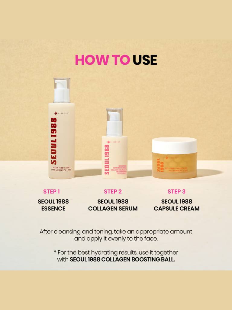 Skincare product set with 'Seoul 1988' branding on a beige background