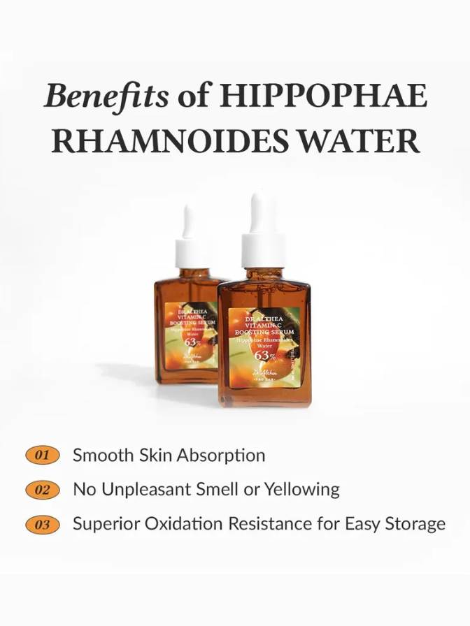 Two bottles of Hippophae Rhamnoides water with benefits listed on a white background