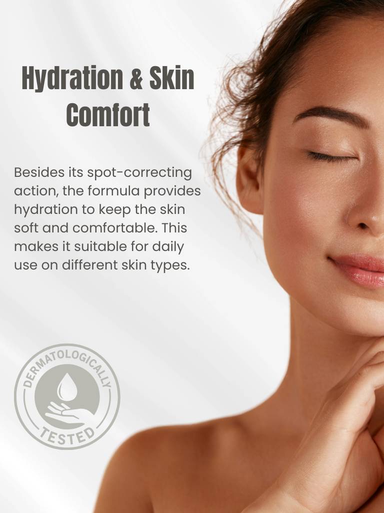Woman with smooth skin and text about hydration and skin comfort
