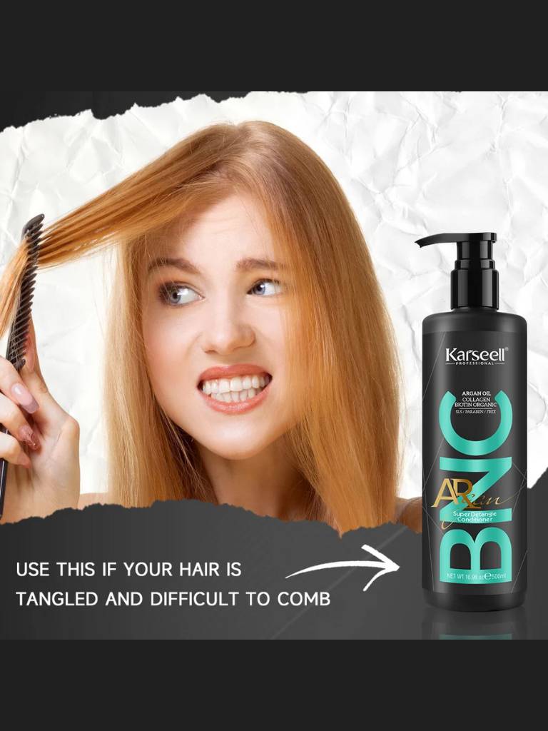 Person with tangled hair using a brush, Karseell hair product bottle on a white background