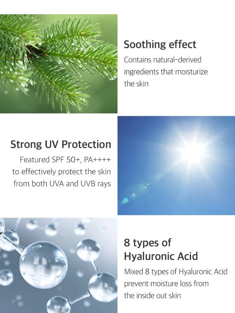 Product features with natural elements and text about soothing effect, UV protection, and hyaluronic acid.