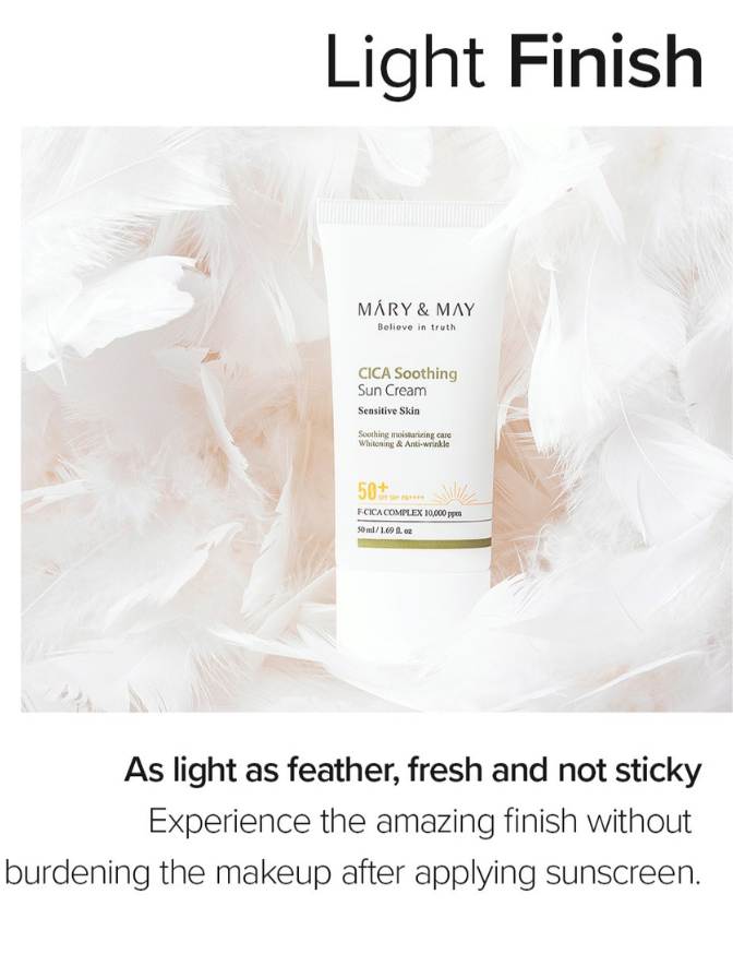 Mary & May CICA Soothing Sun Cream bottle on a soft white background with text about product features.