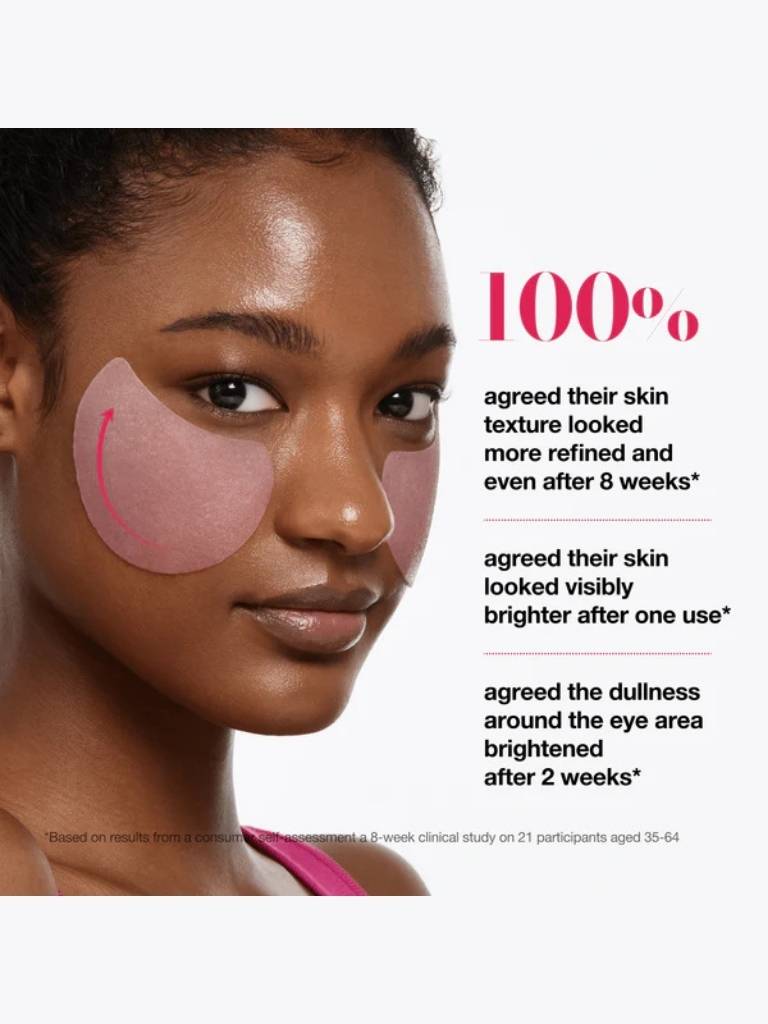 Woman with pink eye patches on a white background with text about skin texture and brightness.