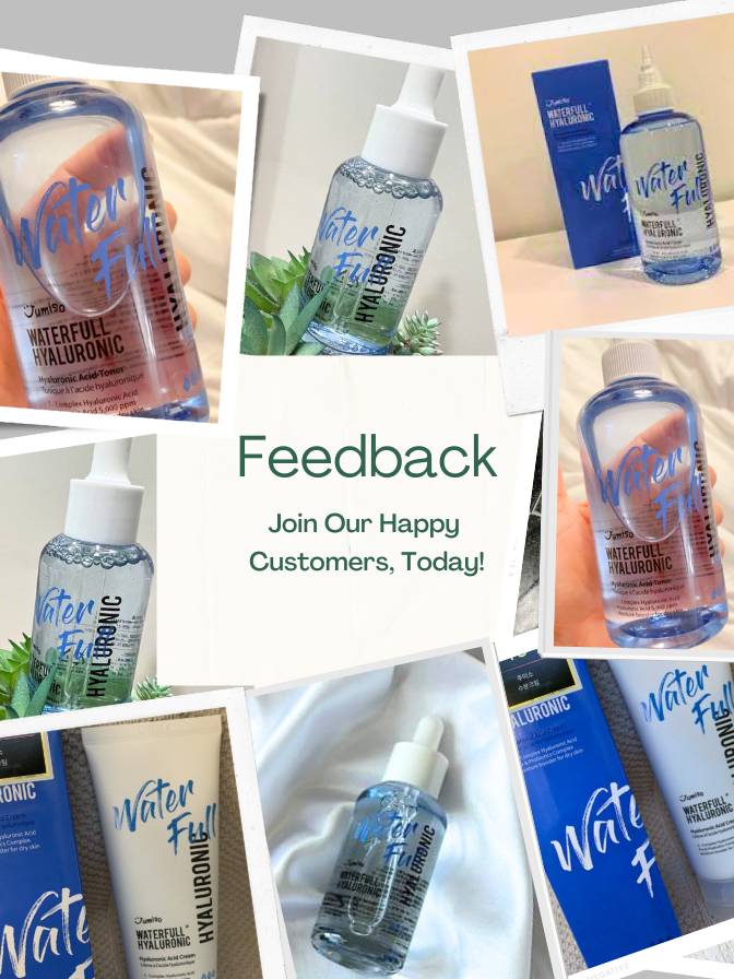 Collage of Waterful Hyaluronic skincare products with promotional text for feedback.