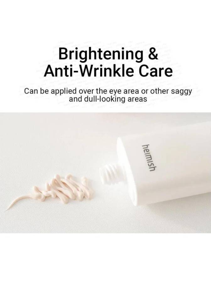 Cosmetic tube labeled 'heimish' with text about brightening and anti-wrinkle care on a white background