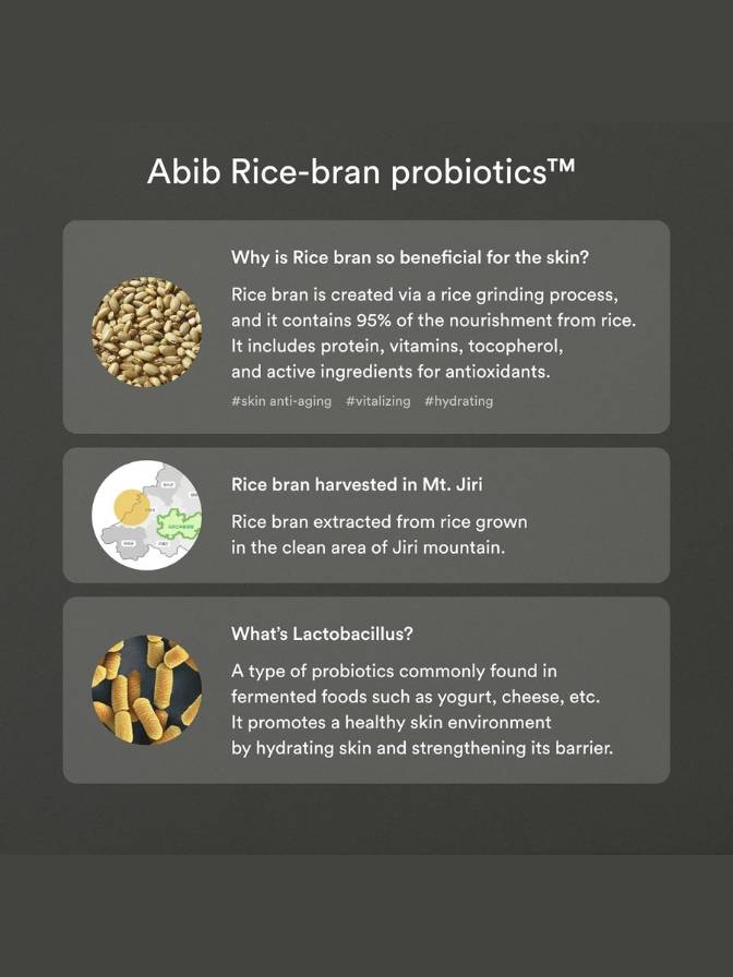 Information about Abib Rice-bran probiotics on a dark background