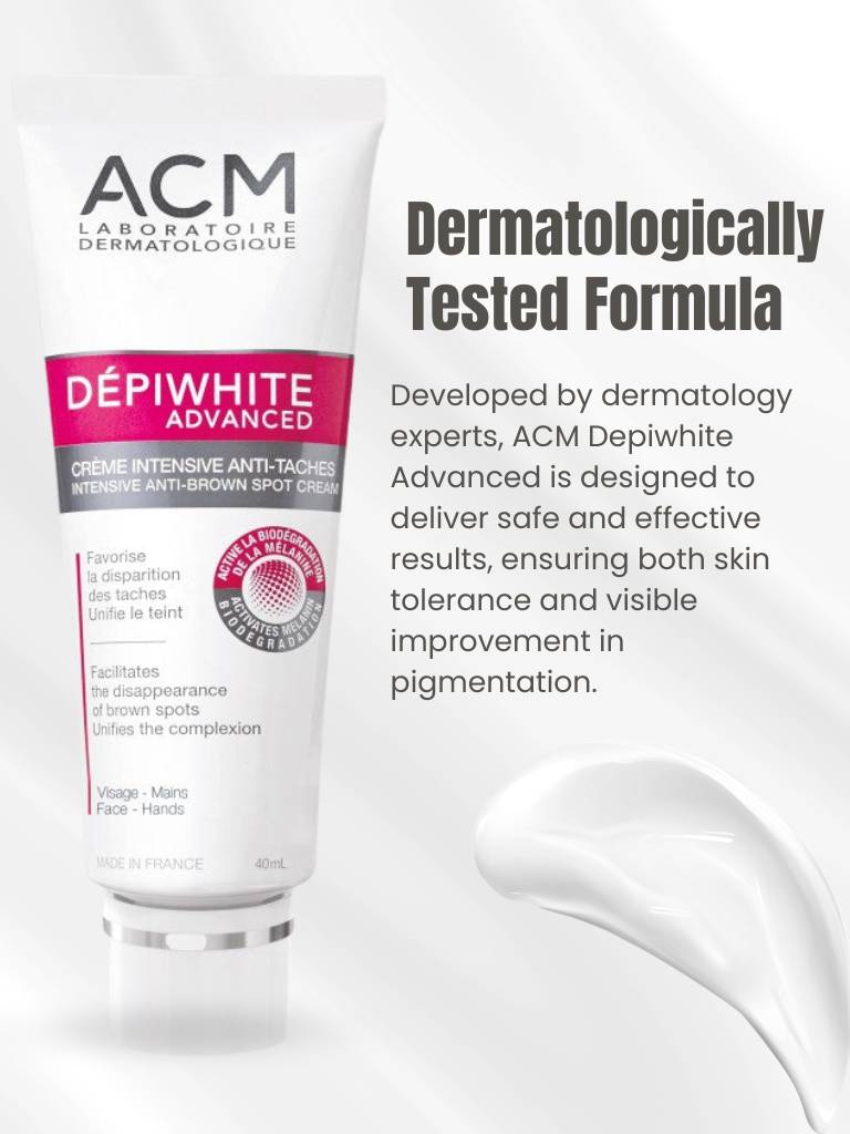 Tube of ACM Depiwhite Advanced cream with text about dermatological testing and benefits.