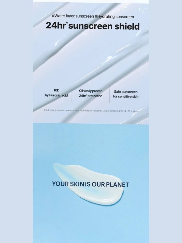 Advertisement for a 24-hour sunscreen shield with text and product imagery on a light blue background.