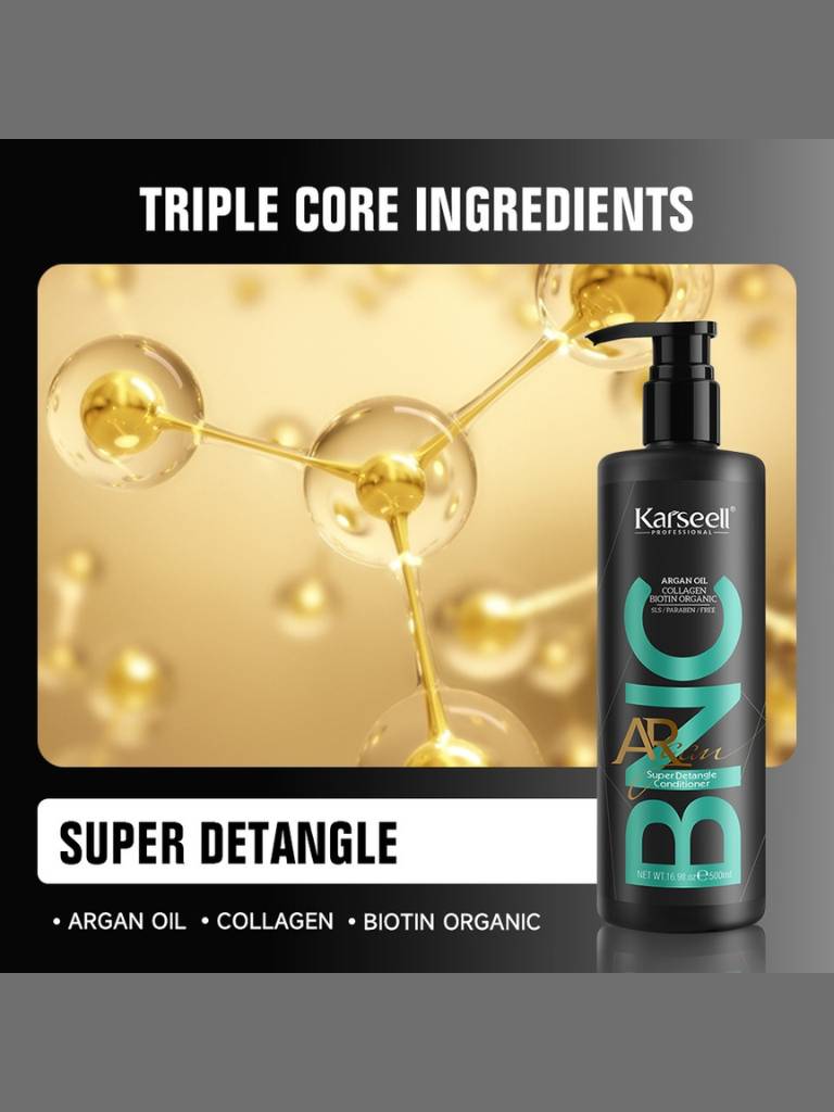 Karseell BNC hair care product with gold molecular structure graphic on a gray background