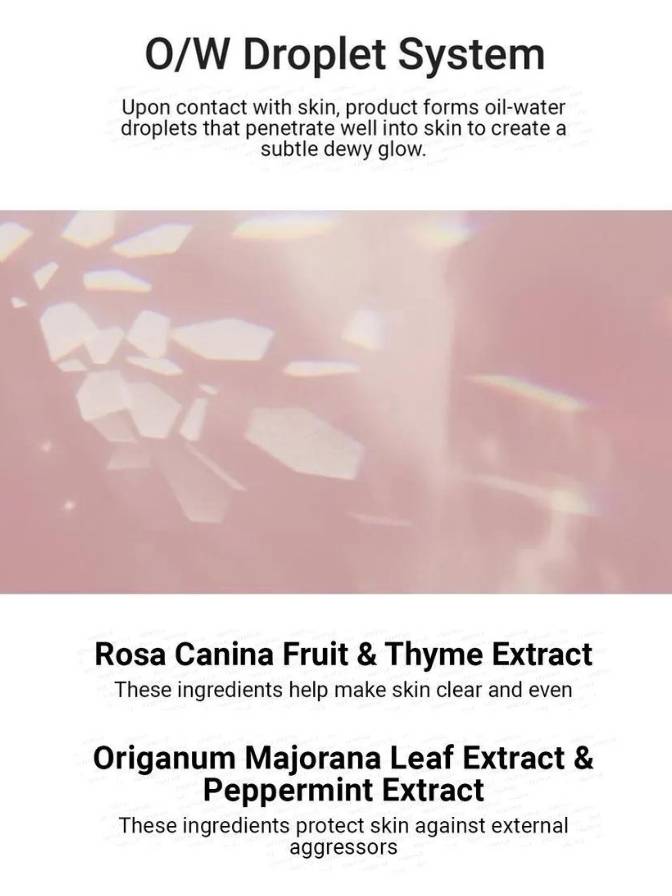 Product description with text about O/W Droplet System, Rosa Canina Fruit & Thyme Extract, and other ingredients on a pink background.