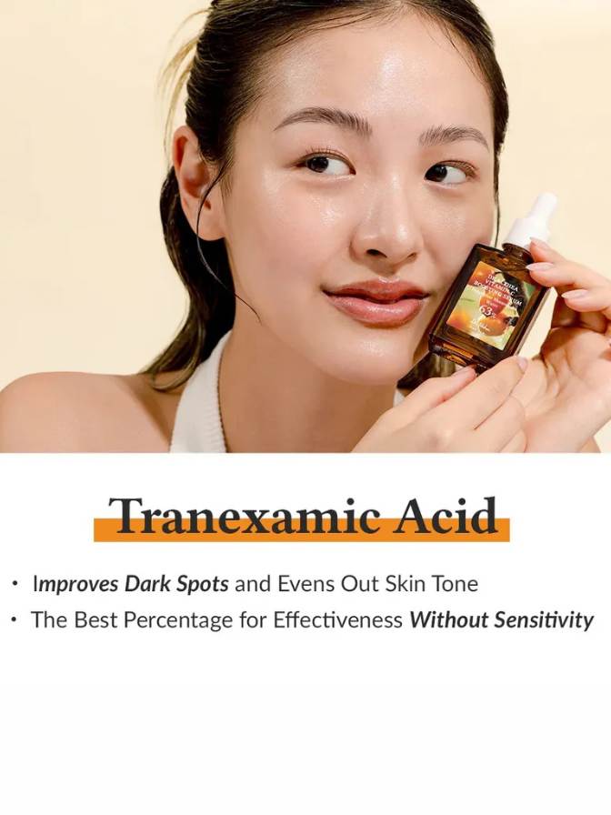 Woman holding a bottle of Tranexamic Acid product with text about its benefits on a beige background