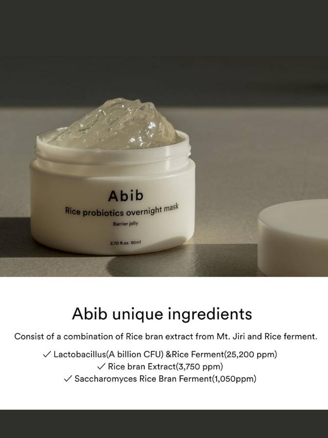 Abib rice probiotics overnight mask jar on a dark background