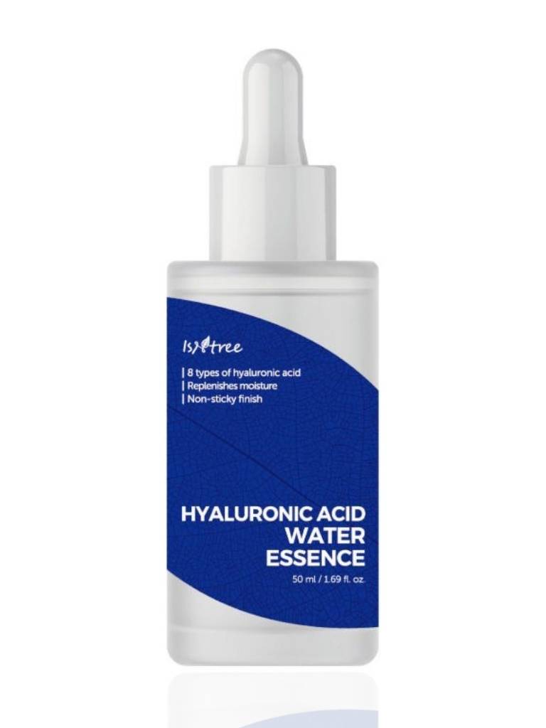Bottle of hyaluronic acid water essence with blue label on a white background